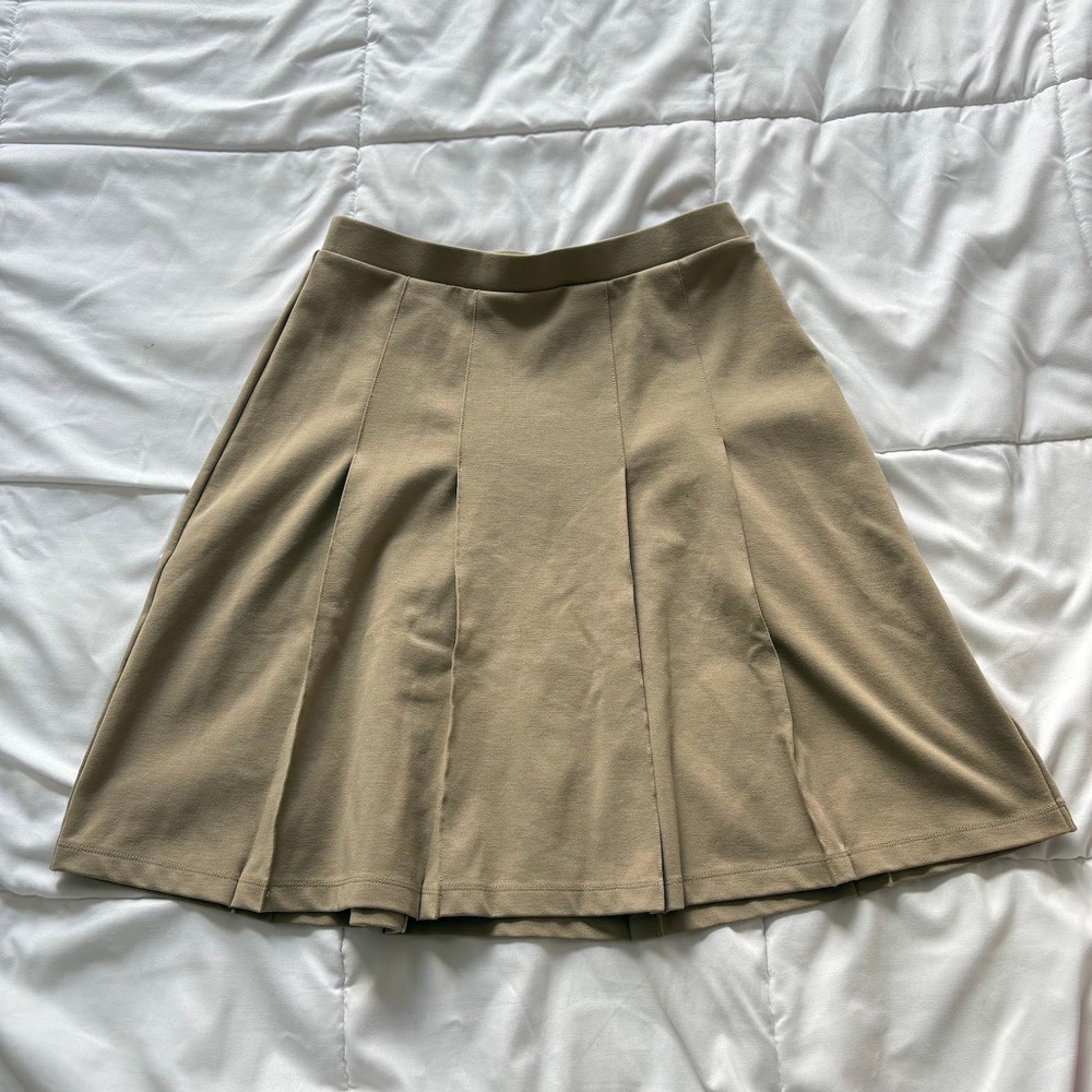Lands End Tan Pleated A-Line Ponte Knit Skirt Khaki 4 Elastic Waist Office